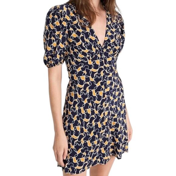 STAUD Mini Milla V-Neck Dress in Navy Yellow Abstract Wave Print Women’s sz 10 - Picture 1 of 9